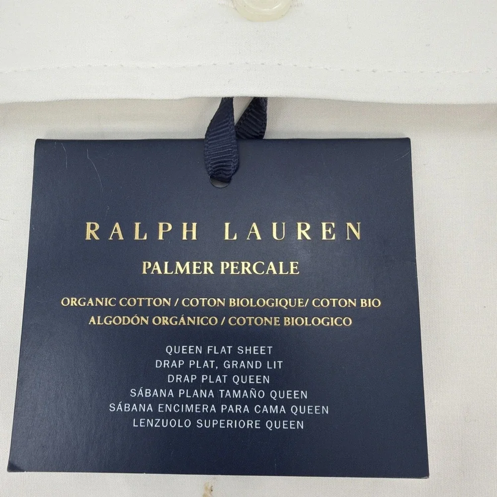 Ralph Lauren QUEEN FLAT SHEET White Navy Blue Palmer Percale Organic Cotton